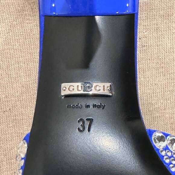 GUCCI Galactica Satin Crystal 65mm Slide Blue Sandals Size 37 NIB - Picture 9 of 9